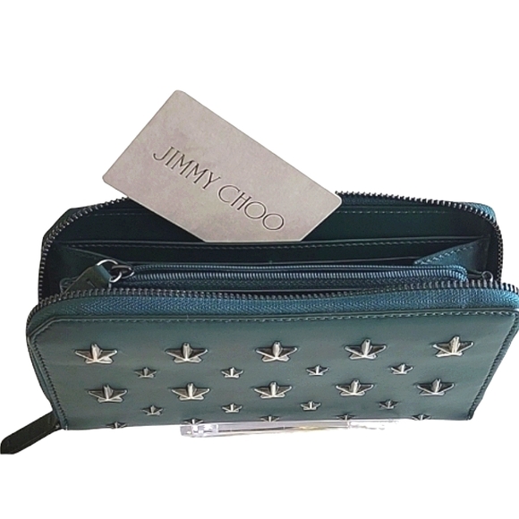 JIMMY CHOO GR Nappa LTHR Star Studded Zip Around 2-Way Wallet w/ CERT Card - Picture 6 of 17